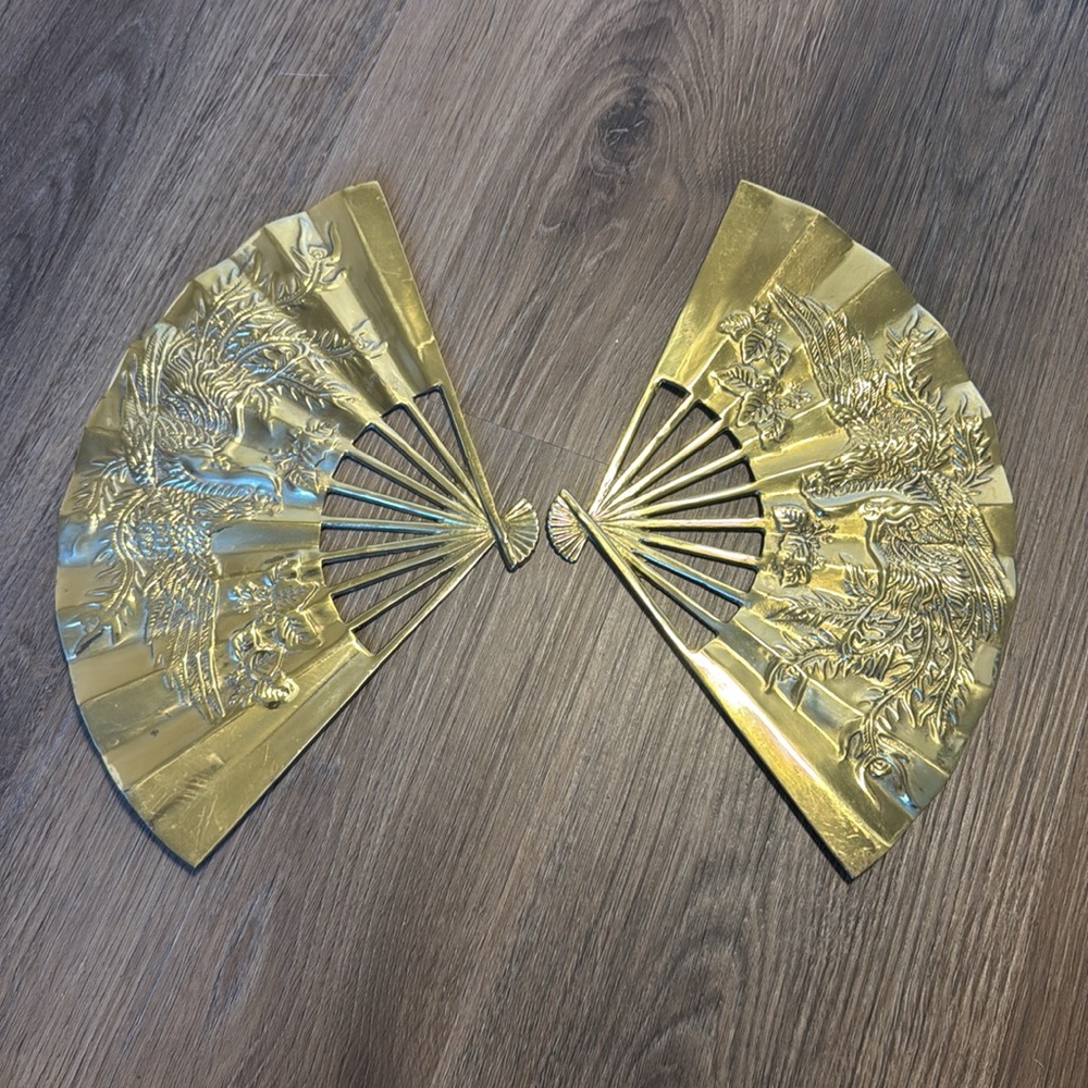 Vintage Solid Brass Fan Oriental Phoenix dragon Wall Hanging oriental style